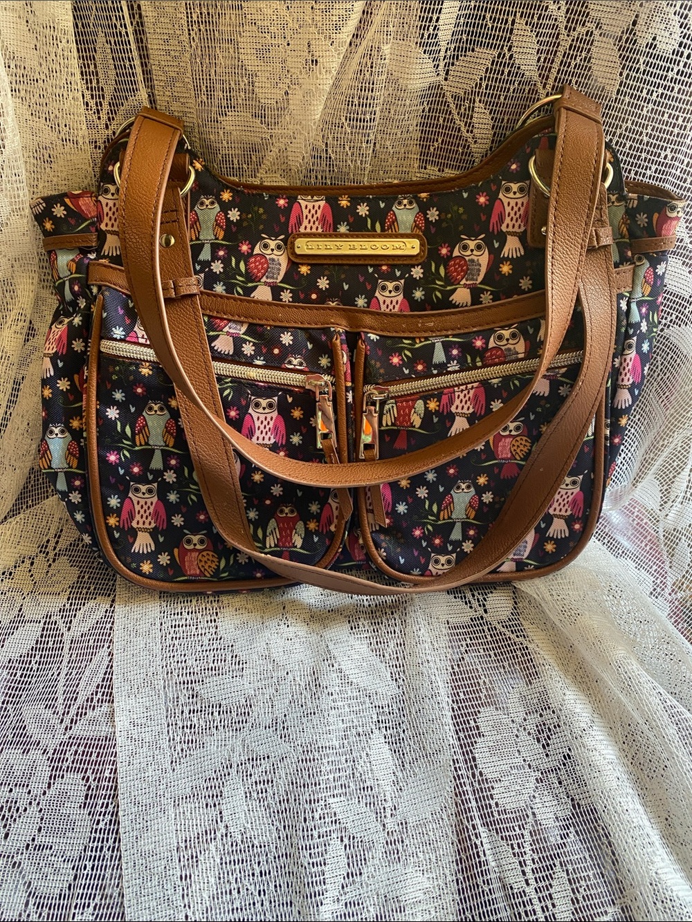 Lily Bloom Navy Owl Print Shoulder Bag with Brown Trim